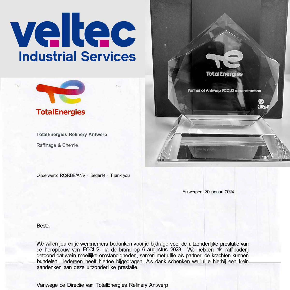 Veltec NV erhält Dankesaward von TotalEnergies Raffinerie Antwerpen